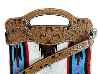 Showman Saddle Blanket Handbag With Genuine Leather Floral Tooled Top, Handle, and Strap #2