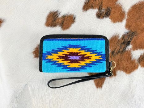 Showman 100% Wool Light Blue and Yellow Southwest Design Saddle Blanket Wallet #2