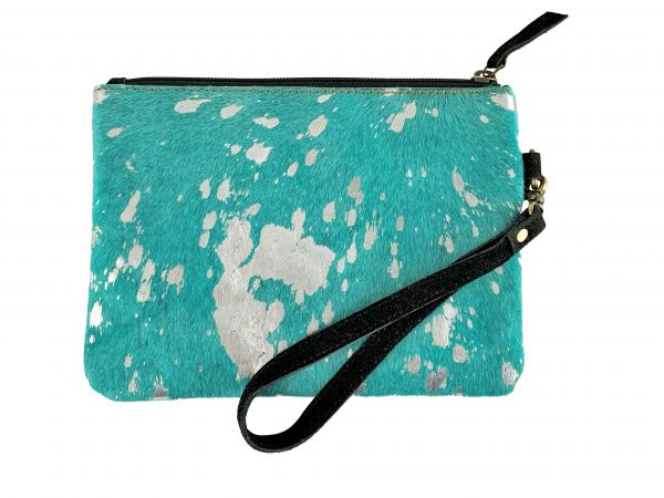 Showman Teal Acid Wash Hair on Cowhide clutch with Wristlet