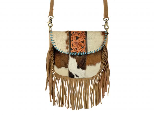 Showman Leather Crossbody Bag with hair on cowhide and teal lacing
