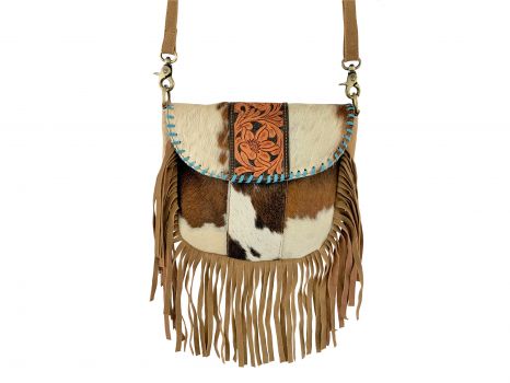 Showman Leather Crossbody Bag with hair on cowhide and teal lacing