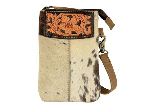 Showman Leather hair on cowhide Crossbody Bag with tooled leather top