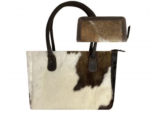 Showman Brown &amp; White Hair on Cowhide Shoulder Bag and Wallet Set