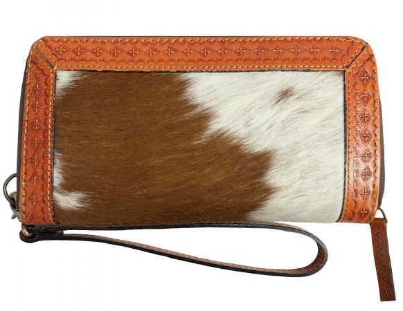 Showman Genuine Leather Hair on Cowhide Clutch Wristlet with Floral Basket Weave Tooling