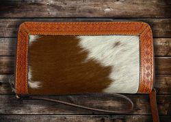Showman Genuine Leather Hair on Cowhide Clutch Wristlet with Floral Basket Weave Tooling #3