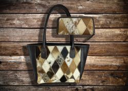 Showman Tri Color Diamond Hair on Cowhide Leather Shoulder Bag and Wallet Set #7