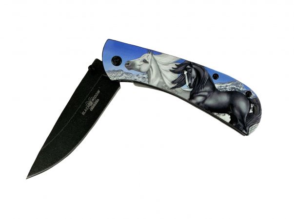 8" Horse Printed Tactical Knife with Clip - blue #2