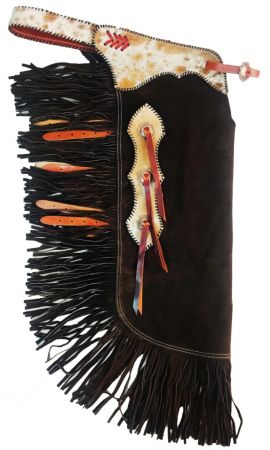 Showman Brown suede leather chinks with Hair on Cowhide Accent
