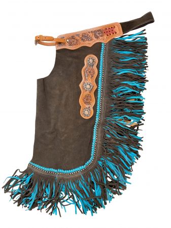Showman Brown suede leather chinks with mixed blue fringe