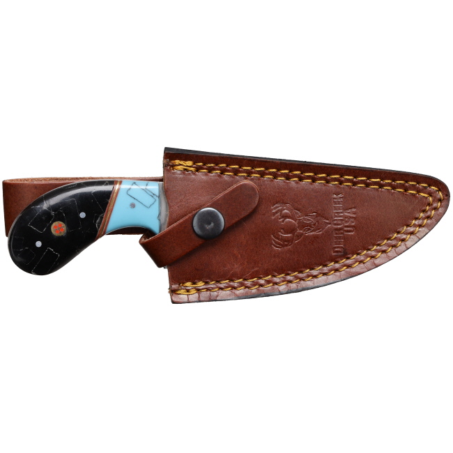 Deer Creek 7.25" Black & Turquoise Short Handle Skinner Knife with Leather Sheath #4