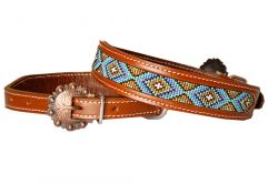 Showman Couture Genuine leather dog collar with periwinkle, gold, and mint beaded inlay