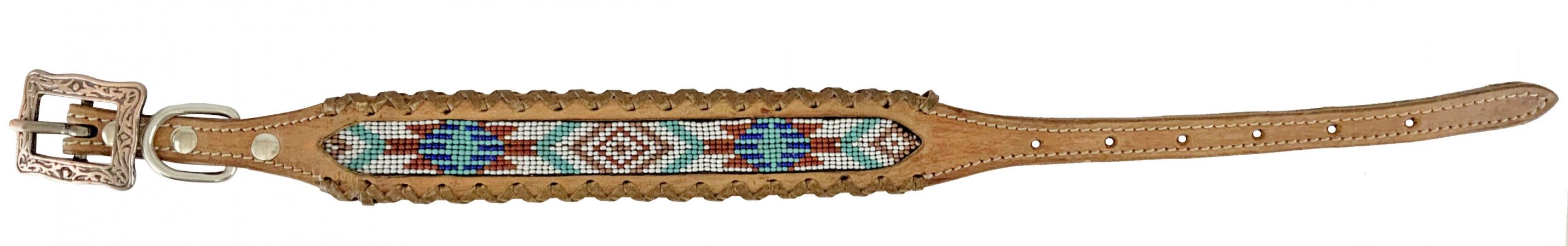 Showman Couture Genuine leather dog collar with beaded inlay - teal, white, and burgundy