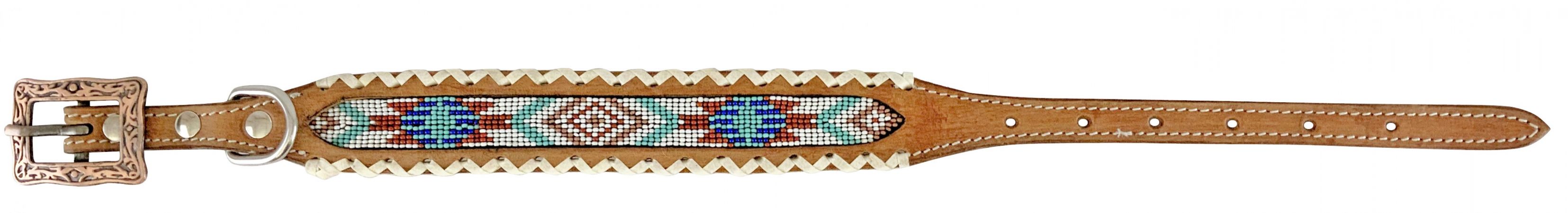 Showman Couture Genuine leather dog collar with beaded inlay - white whipstitching