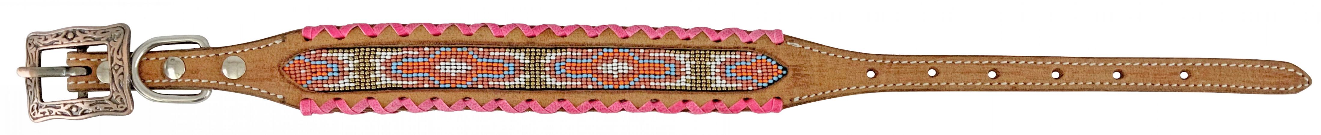 Showman Couture Genuine leather dog collar with beaded inlay - pink whipstitching