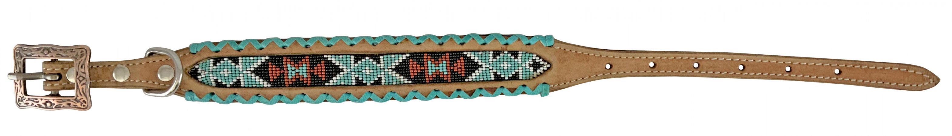 Showman Couture Genuine leather dog collar with beaded inlay - Teal whipstitching