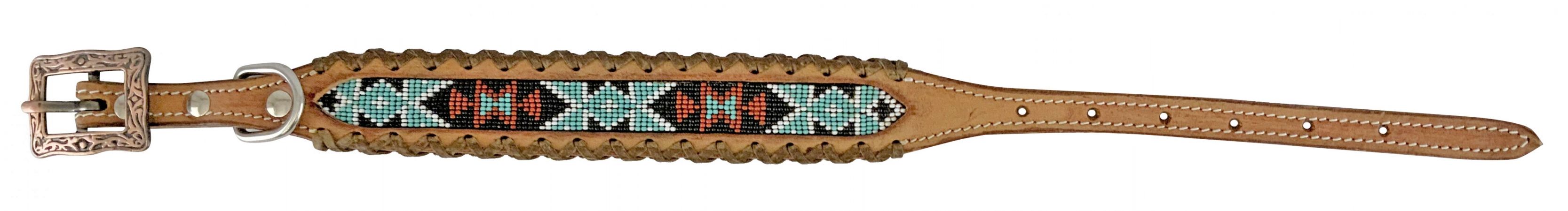 Showman Couture Genuine leather dog collar with beaded inlay - teal, white, and black