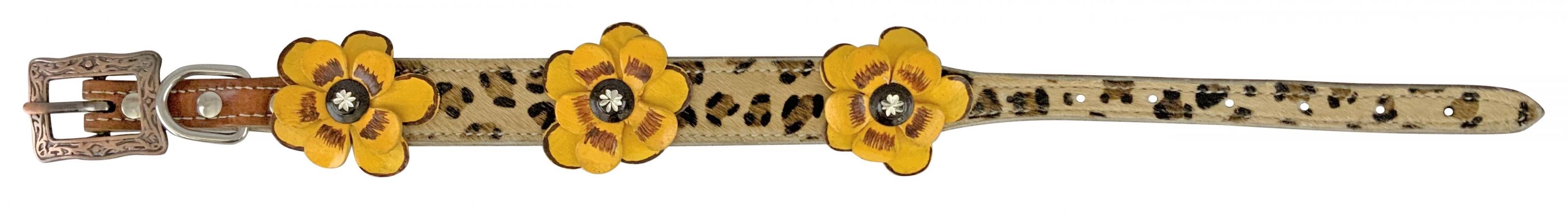 Showman Couture Genuine leather dog collar with 3D flower accent on hair on cheetah