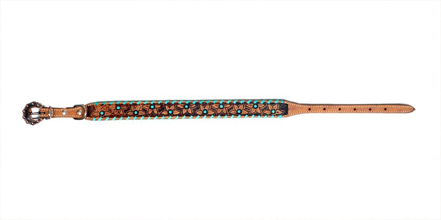 Showman Couture Genuine leather dog collar with teal rawhide