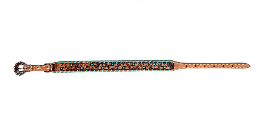 Showman Couture Genuine leather dog collar with teal rawhide