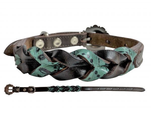 Showman Couture Teal and Dark oil braided leather dog collar