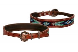 Showman Couture Genuine leather dog collar with beaded inlay - navy and teal