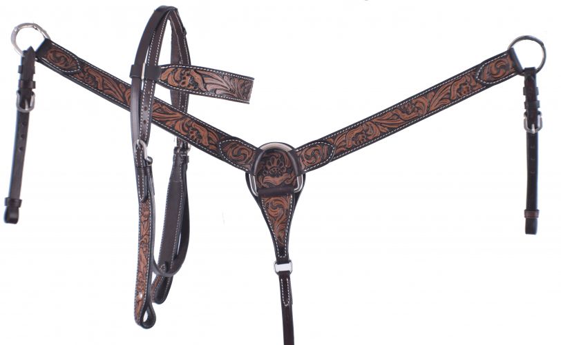 Showman  Dark brown leather headstall and breast collar set with floral tooling