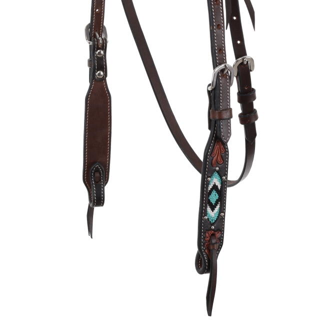 Showman Dark Brown Argentina cow leather headstall with teal beaded inlays #2
