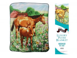 Showman Couture Luxury plush blanket with standing mare and foal print. Queen Size 76" x 93"