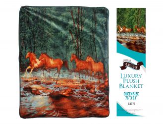 Showman Couture Luxury plush blanket with running horses print. Queen Size 76" x 93"