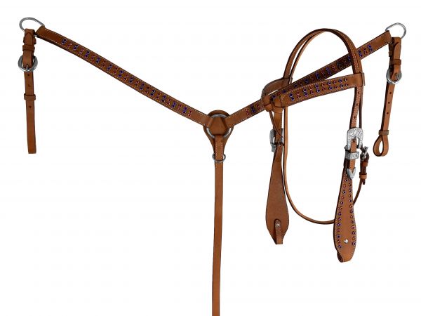 Medium oil leather browband headstall and breast collar set with red and blue silver dots