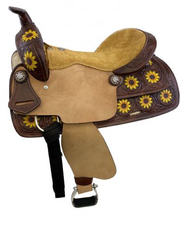 15" &#47; 16"Double T Barrel Style Saddle with hand painted sunflower design #2