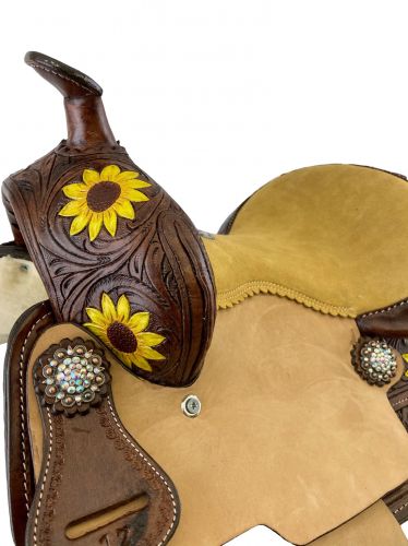 15" &#47; 16"Double T Barrel Style Saddle with hand painted sunflower design #3