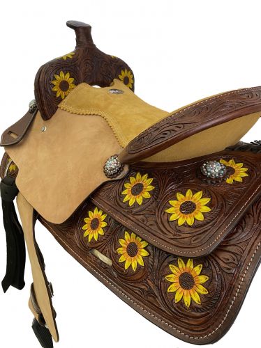 15" &#47; 16"Double T Barrel Style Saddle with hand painted sunflower design #4