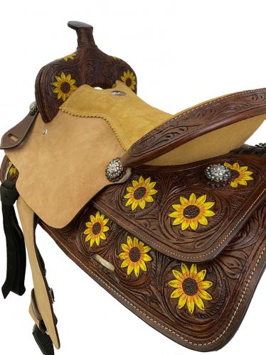 15", 16" Double T Barrel Style Saddle with Hand Painted Sunflower Design #4