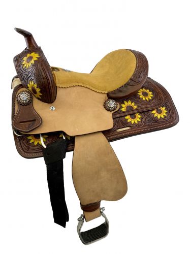 12" Double T Barrel Style Saddle with hand painted sunflower design #5