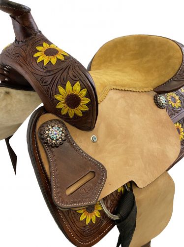 12" Double T Barrel Style Saddle with hand painted sunflower design #2