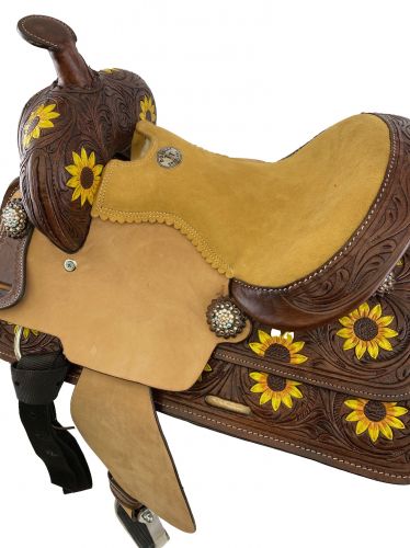 12" Double T Barrel Style Saddle with hand painted sunflower design #3