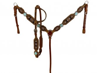 Showman Medium oil leather one ear headstall with beaded southwest design