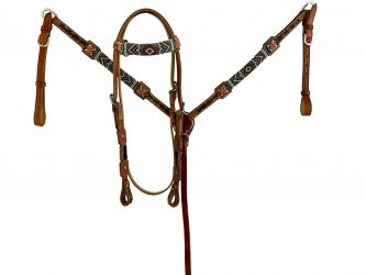 Showman Medium oil leather browband headstall with beaded southwest design