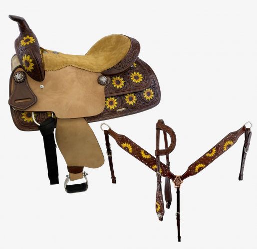 15" &#47; 16"Double T Barrel Style Saddle with hand painted sunflower design