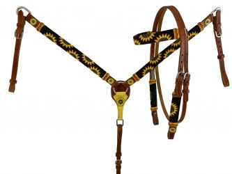 Showman Medium oil leather browband headstall with beaded yellow sunflower design