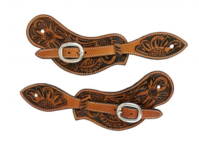 Showman Men's Leather floral stamp Spur Straps