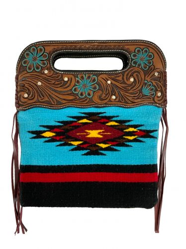 Showman Saddle blanket handbag with genuine leather floral tooled handle with painted teal flower motif