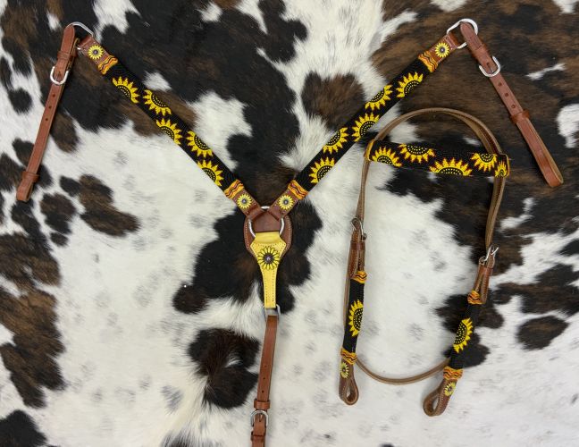 Showman Medium oil leather browband headstall with beaded yellow sunflower design #2