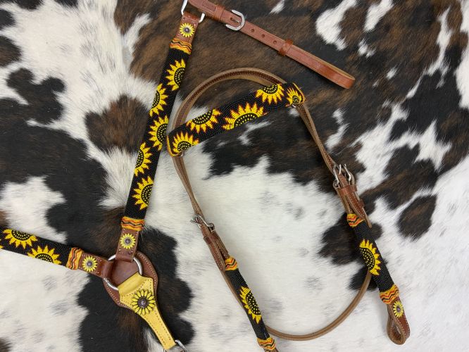 Showman Medium oil leather browband headstall with beaded yellow sunflower design #3