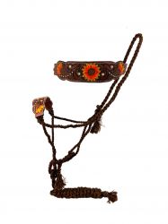 Showman Woven brown nylon mule tape halter with hand painted yellow sunflower noseband