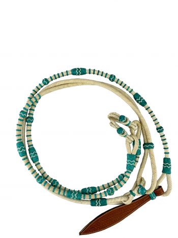 Showman Braided Natural Rawhide &amp; Teal Romal Reins with Leather Popper