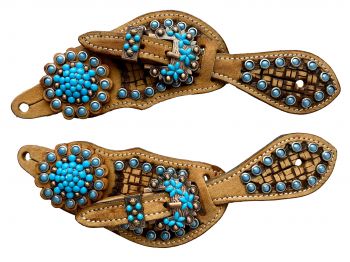 Showman Youth basket weave tooled spur straps with turquoise beading and turquoise concho