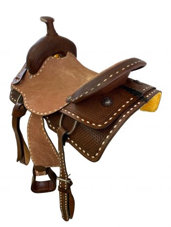 16" Roper Style saddle with rough out leather hard seat. Saddle features rough out fenders and jockies. Saddle has basketweave tooling on skirts and pommel #2