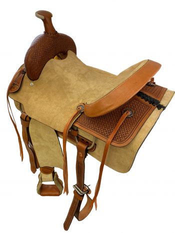 16" Roper Style saddle with roughout leather hard seat. Saddle features rough out fenders and jockies. Saddle has basket weave tooling on skirt and pommel #2